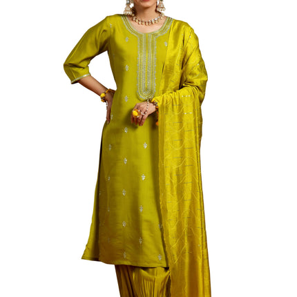 Libas Women's Silk Blend Kurta Set (GS948_Lime Green 