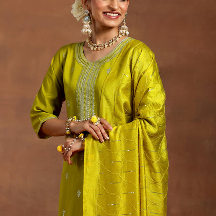 Libas Women's Silk Blend Kurta Set (GS948_Lime Green 