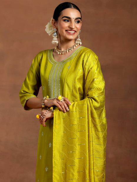 Libas Women's Silk Blend Kurta Set (GS948_Lime Green 