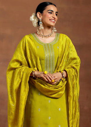 Libas Women's Silk Blend Kurta Set (GS948_Lime Green 