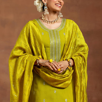 Libas Women's Silk Blend Kurta Set (GS948_Lime Green 