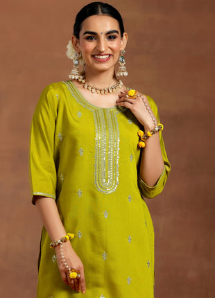 Libas Women's Silk Blend Kurta Set (GS948_Lime Green 