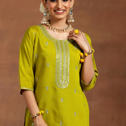Libas Women's Silk Blend Kurta Set (GS948_Lime Green 