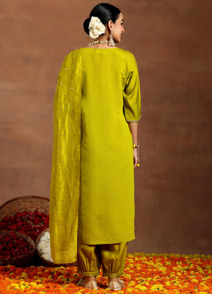 Libas Women's Silk Blend Kurta Set (GS948_Lime Green 