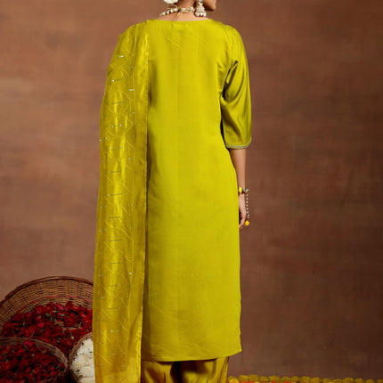 Libas Women's Silk Blend Kurta Set (GS948_Lime Green 