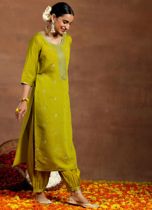 Libas Women's Silk Blend Kurta Set (GS948_Lime Green 