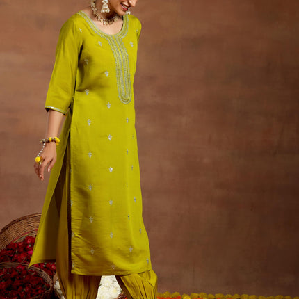Libas Women's Silk Blend Kurta Set (GS948_Lime Green 