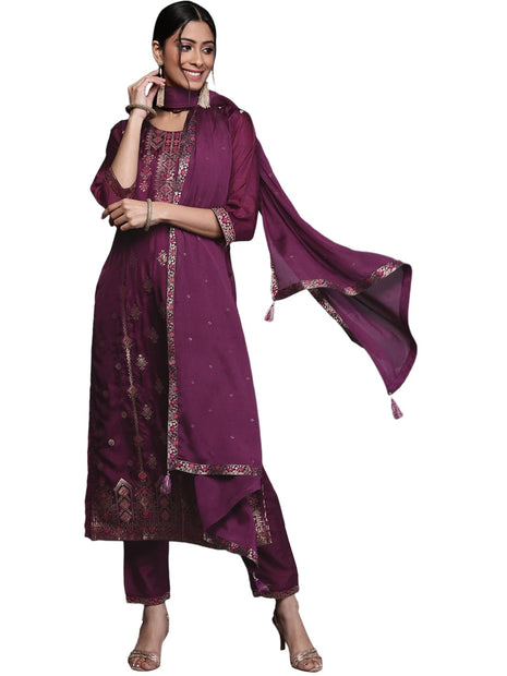 Libas Women's Silk Blend Kurta Sets (33345O_Purple 