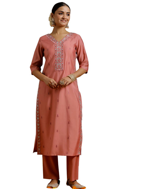 Libas Women's Silk Blend Kurta Sets (GS933_Peach_L) 