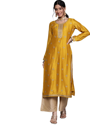 Libas Women's Silk Embellished Straight Kurta (23491O_Yellow 
