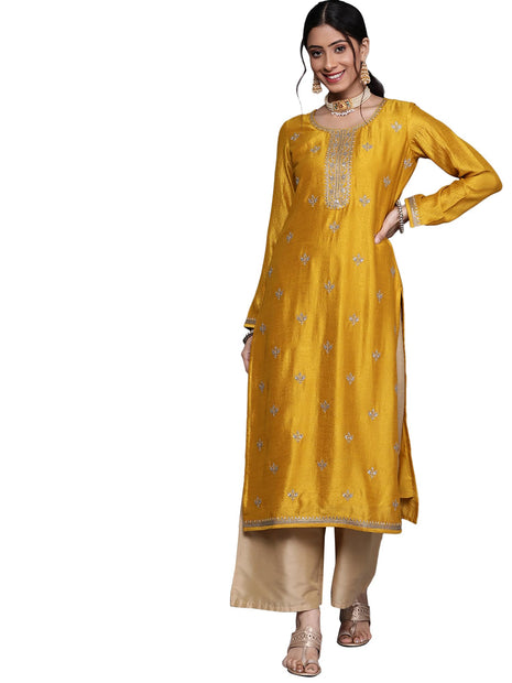 Libas Women's Silk Embellished Straight Kurta (23491O_Yellow 
