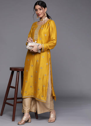 Libas Women's Silk Embellished Straight Kurta (23491O_Yellow 