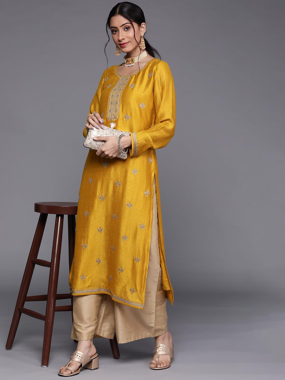Libas Women's Silk Embellished Straight Kurta (23491O_Yellow 