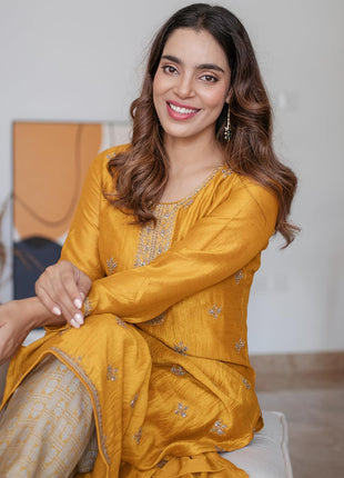 Libas Women's Silk Embellished Straight Kurta (23491O_Yellow 