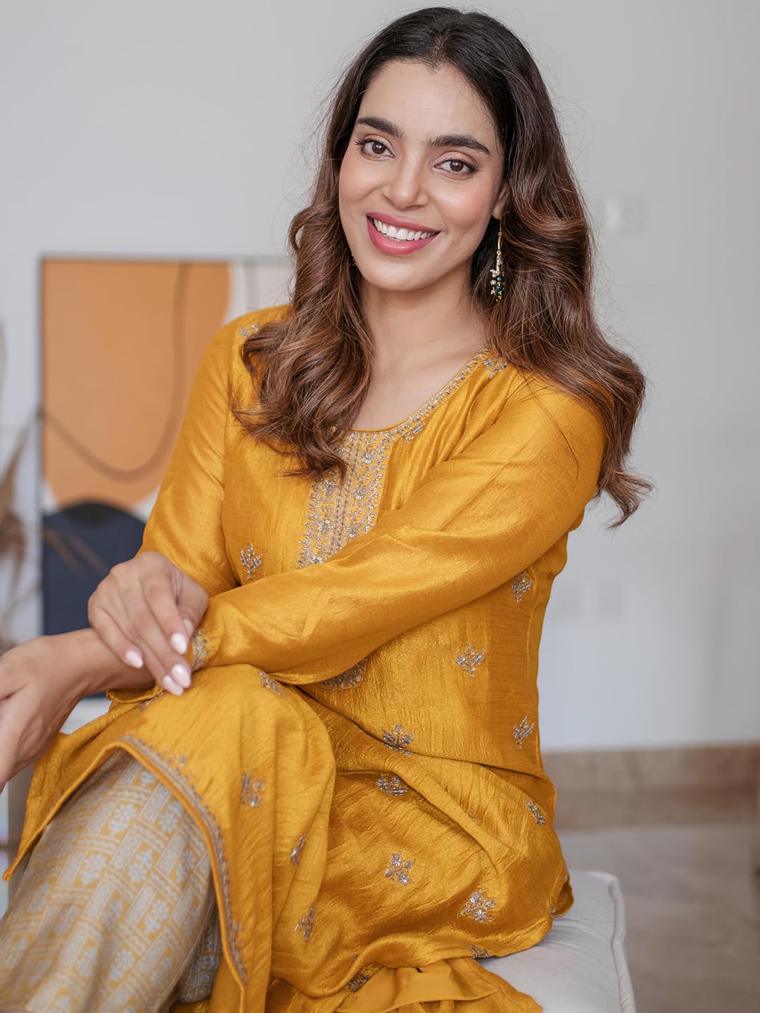 Libas Women's Silk Embellished Straight Kurta (23491O_Yellow 