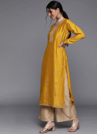 Libas Women's Silk Embellished Straight Kurta (23491O_Yellow 