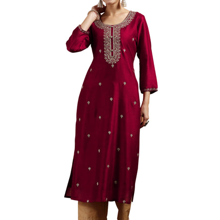 Libas Women's Silk Embroidered Straight Kurta (58141OR_Maroon 