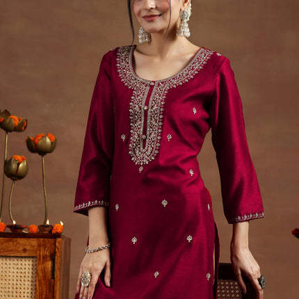 Libas Women's Silk Embroidered Straight Kurta (58141OR_Maroon 