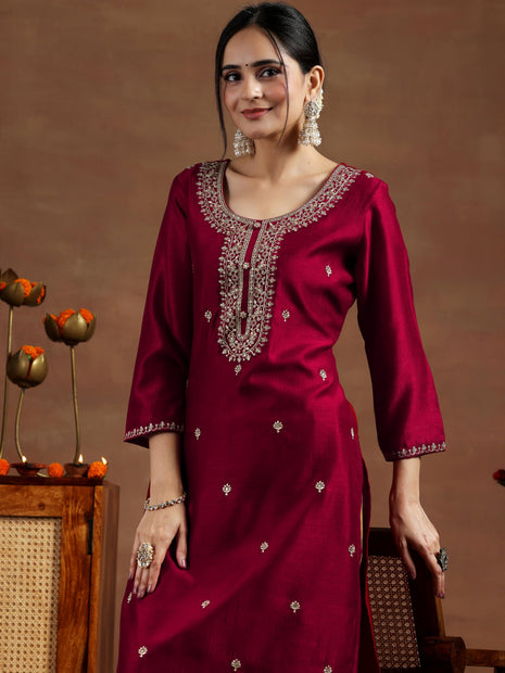 Libas Women's Silk Embroidered Straight Kurta (58141OR_Maroon 