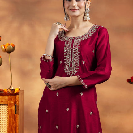 Libas Women's Silk Embroidered Straight Kurta (58141OR_Maroon 