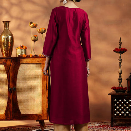 Libas Women's Silk Embroidered Straight Kurta (58141OR_Maroon 