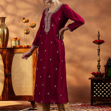 Libas Women's Silk Embroidered Straight Kurta (58141OR_Maroon 