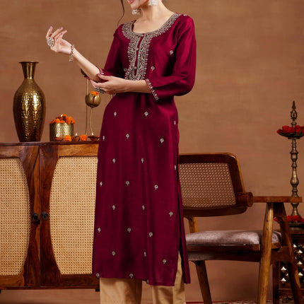 Libas Women's Silk Embroidered Straight Kurta (58141OR_Maroon 