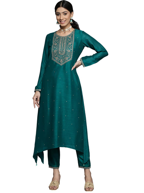 Libas Women's Silk Yoke Design A-Line Kurta (23516O_Teal 