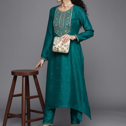 Libas Women's Silk Yoke Design A-Line Kurta (23516O_Teal 