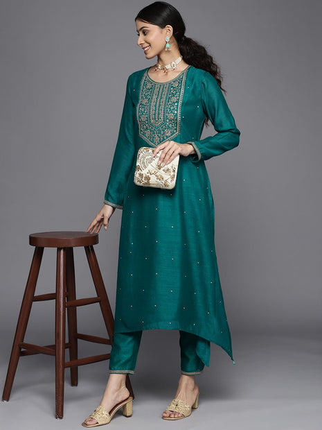 Libas Women's Silk Yoke Design A-Line Kurta (23516O_Teal 