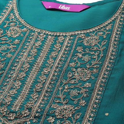Libas Women's Silk Yoke Design A-Line Kurta (23516O_Teal 