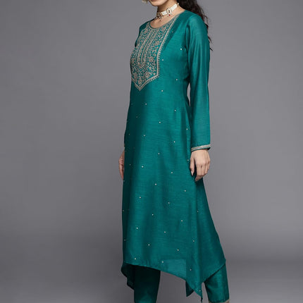 Libas Women's Silk Yoke Design A-Line Kurta (23516O_Teal 