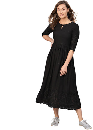 Libas Women's Viscose Rayon A-Line Long Casual Dress (8404MJ_Black 