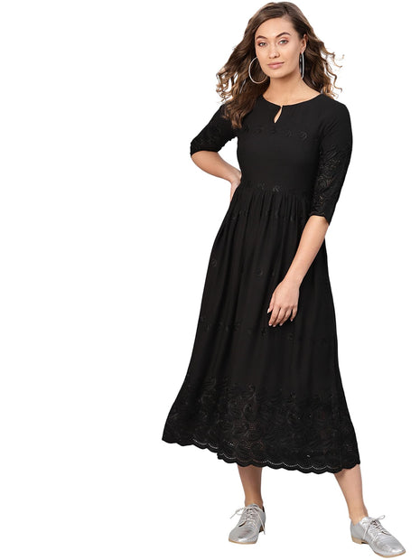 Libas Women's Viscose Rayon A-Line Long Casual Dress (8404MJ_Black 