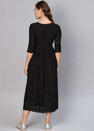 Libas Women's Viscose Rayon A-Line Long Casual Dress (8404MJ_Black 