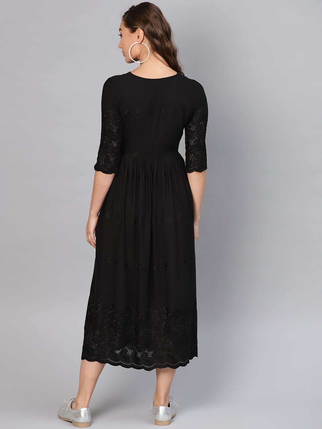 Libas Women's Viscose Rayon A-Line Long Casual Dress (8404MJ_Black 