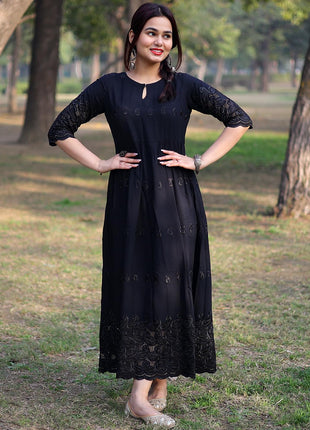 Libas Women's Viscose Rayon A-Line Long Casual Dress (8404MJ_Black 