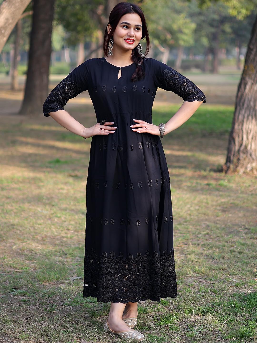 Libas Women's Viscose Rayon A-Line Long Casual Dress (8404MJ_Black 