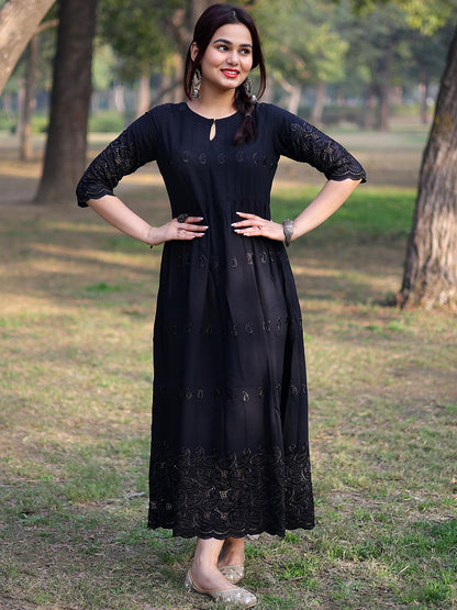 Libas Women's Viscose Rayon A-Line Long Casual Dress (8404MJ_Black 