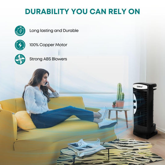 Libra coolX Tower Fan | Electric Standing Fan with 3 speeds | Bedroom, Indoor, Office & Home Use | Bladeless Fan With 2401 CFM | 43.5 CM Sweep Size for a Room Coverage(Black) 