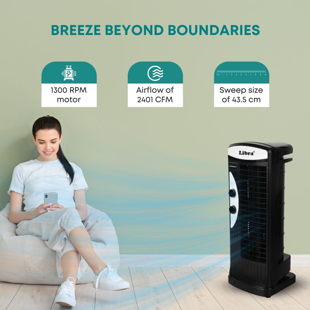 Libra coolX Tower Fan | Electric Standing Fan with 3 speeds | Bedroom, Indoor, Office & Home Use | Bladeless Fan With 2401 CFM | 43.5 CM Sweep Size for a Room Coverage(Black) 