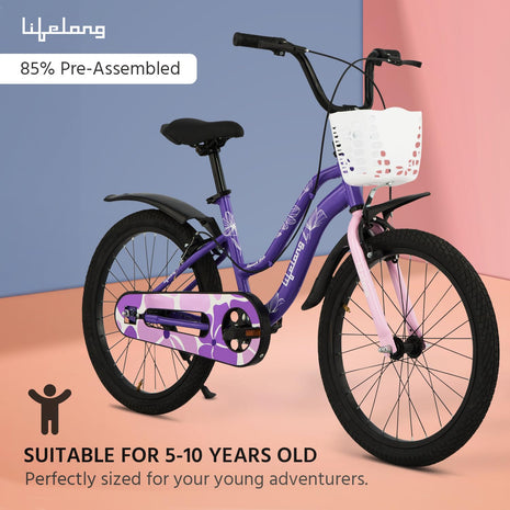 Lifelong 20T Cycle for Kids 5 to 8 Years-Rigid Bicycle for Girls-Single Speed Bike/Bicycle-95% Pre-Assembled-Balance Wheels-Suitable for Young Girls-Above 3 Feet 10Inch+ Height (llbc2005), Purple 