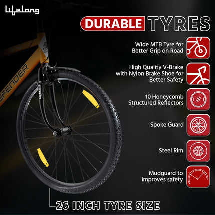 Lifelong 26T Cycle for Men & Women – Mountain Bicycle with Wide MTB Tyres – Premium Single Speed Rigid Fork Gear Cycle – Bike with Padded Saddle, High Handlebar & Soft Rubber Grips (Black & Orange) 