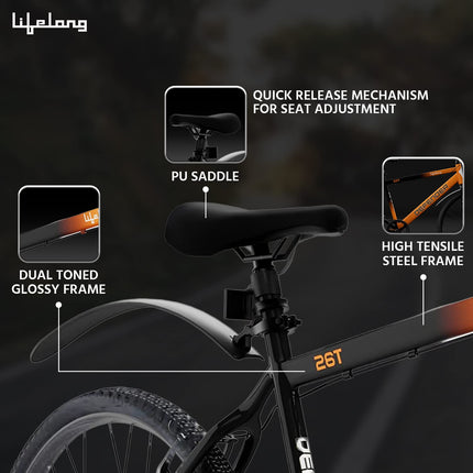 Lifelong 26T Cycle for Men & Women – Mountain Bicycle with Wide MTB Tyres – Premium Single Speed Rigid Fork Gear Cycle – Bike with Padded Saddle, High Handlebar & Soft Rubber Grips (Black & Orange) 