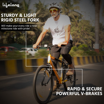 Lifelong 26T Cycle for Men & Women – Mountain Bicycle with Wide MTB Tyres – Premium Single Speed Rigid Fork Gear Cycle – Bike with Padded Saddle, High Handlebar & Soft Rubber Grips (Black & Orange) 