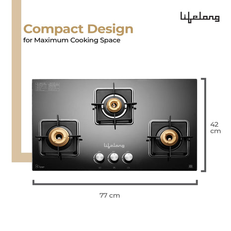 Lifelong 3 Gas Burner Tops - 3 Burners Hob Top Gas Stove with Automatic Ignition - Toughened Glass Top Gas Stoves for Home & Kitchen - Automatic Gas Stove for Modular Kitchen (LLHT007) 