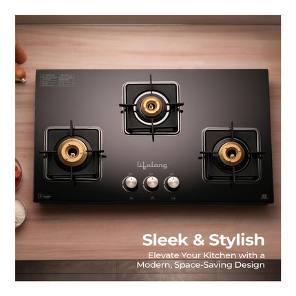 Lifelong 3 Gas Burner Tops - 3 Burners Hob Top Gas Stove with Automatic Ignition - Toughened Glass Top Gas Stoves for Home & Kitchen - Automatic Gas Stove for Modular Kitchen (LLHT007) 