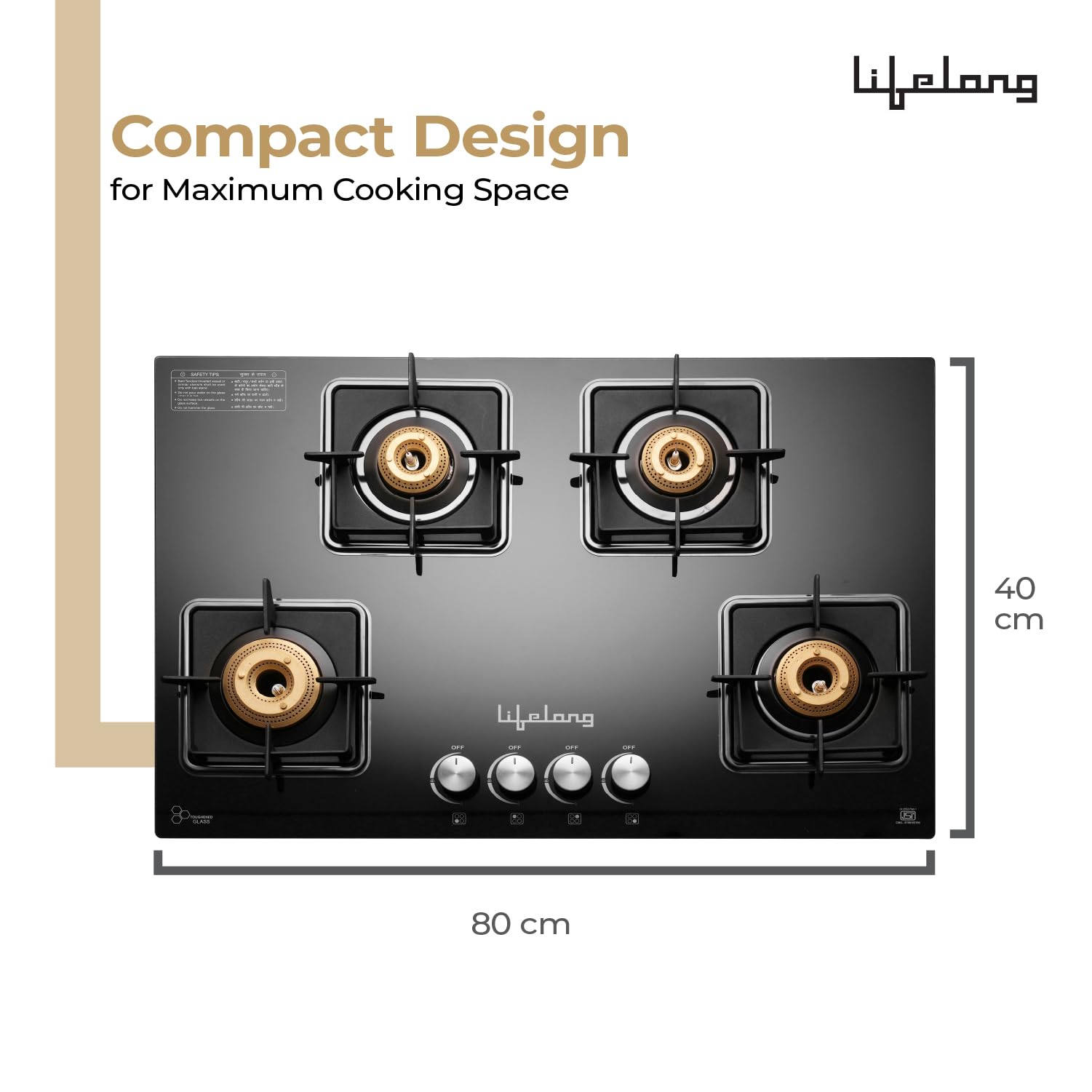 Lifelong 4 Gas Burner Tops - 4 Burners Hob Top Gas Stove with Automatic Ignition - Toughened Glass Top Gas Stoves for Home & Kitchen - Automatic Gas Stove for Modular Kitchen (LLHT008) 