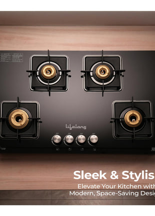 Lifelong 4 Gas Burner Tops - 4 Burners Hob Top Gas Stove with Automatic Ignition - Toughened Glass Top Gas Stoves for Home & Kitchen - Automatic Gas Stove for Modular Kitchen (LLHT008) 