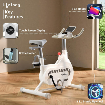 Lifelong Fit Pro Spin Fitness Bike|8Kg Flywheel|Adjustable Resistance & Heart Rate Sensor|Quiet Belt-Driven System|Touch LED Screen Display|Steel Frame|Home Workout & Cardio|Max Weight 120Kg 
